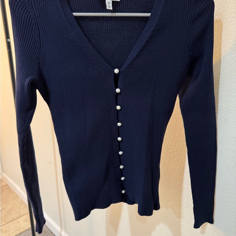 & Other Stories Navy Knit Cardigan with pearl buttons